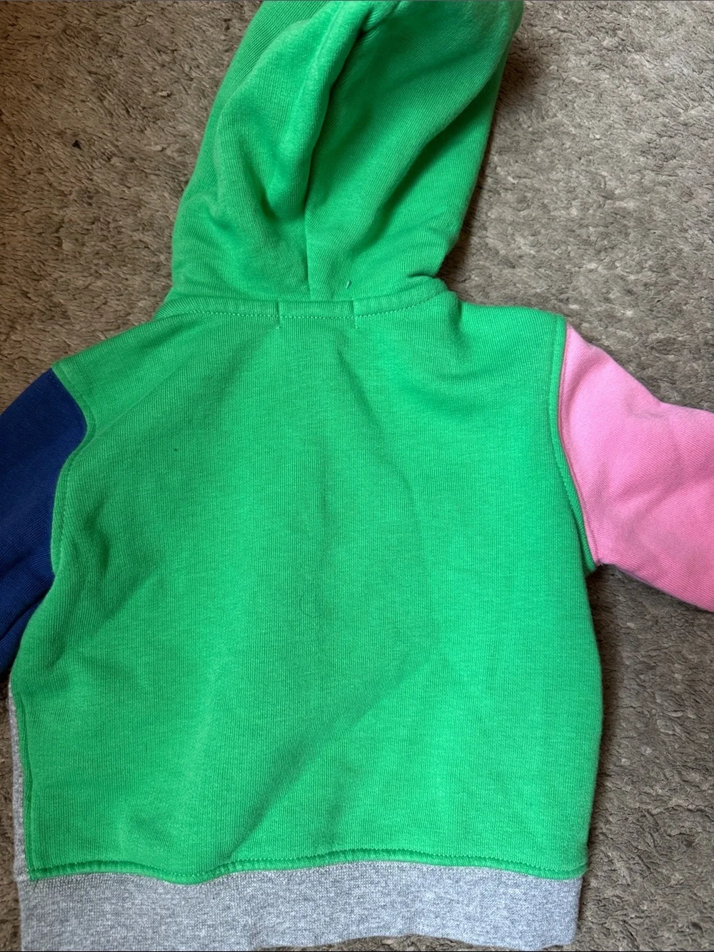 Polo by Ralph Lauren Kids Gray Zip Hoodie with Green Hood, Pink & Blue Sleeves